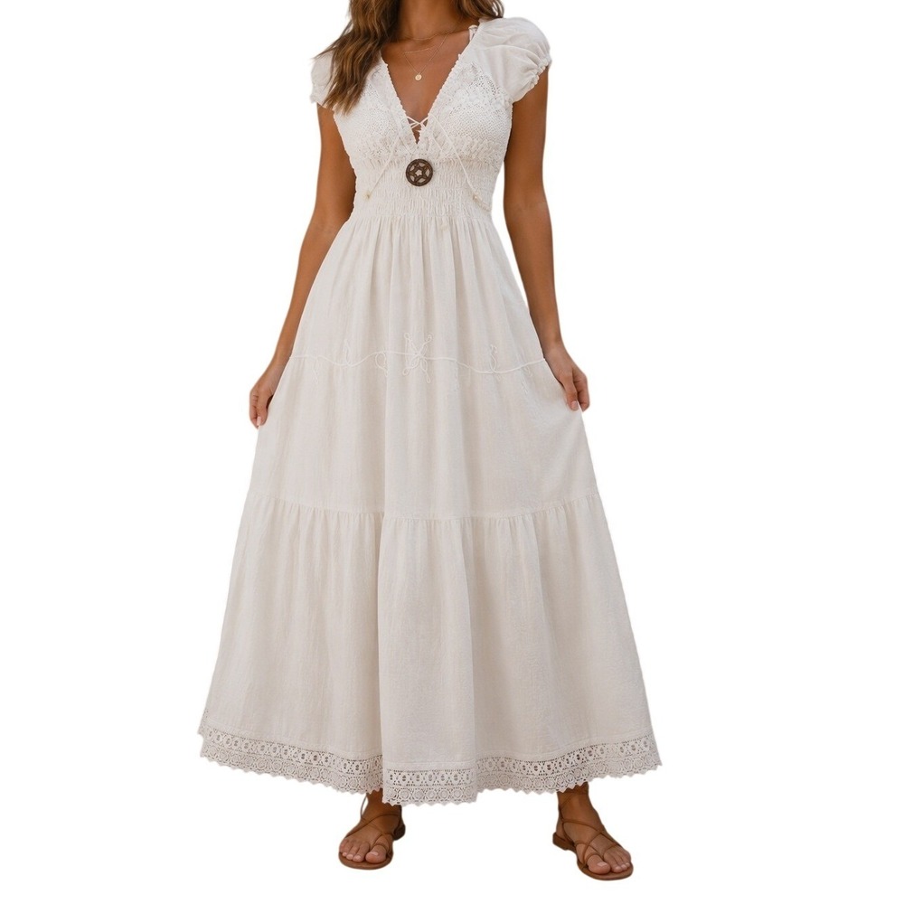 White Cotton Boho Crochet Maxi Dress Smocked Waist Lace Up Peasant Mexico OS‎